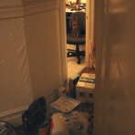 Monchichi in the kitchen, mess in the hallway.